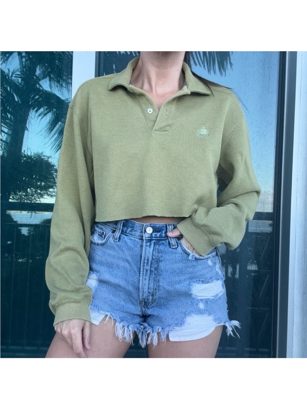 Izod Green Crop Long Sleeve Polo Top M